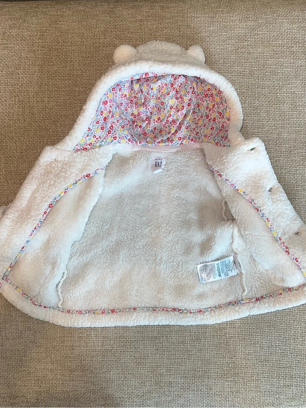 Baby GAP Cream Sherpa Jacket with Floral Cuff Detail and Bear Ears